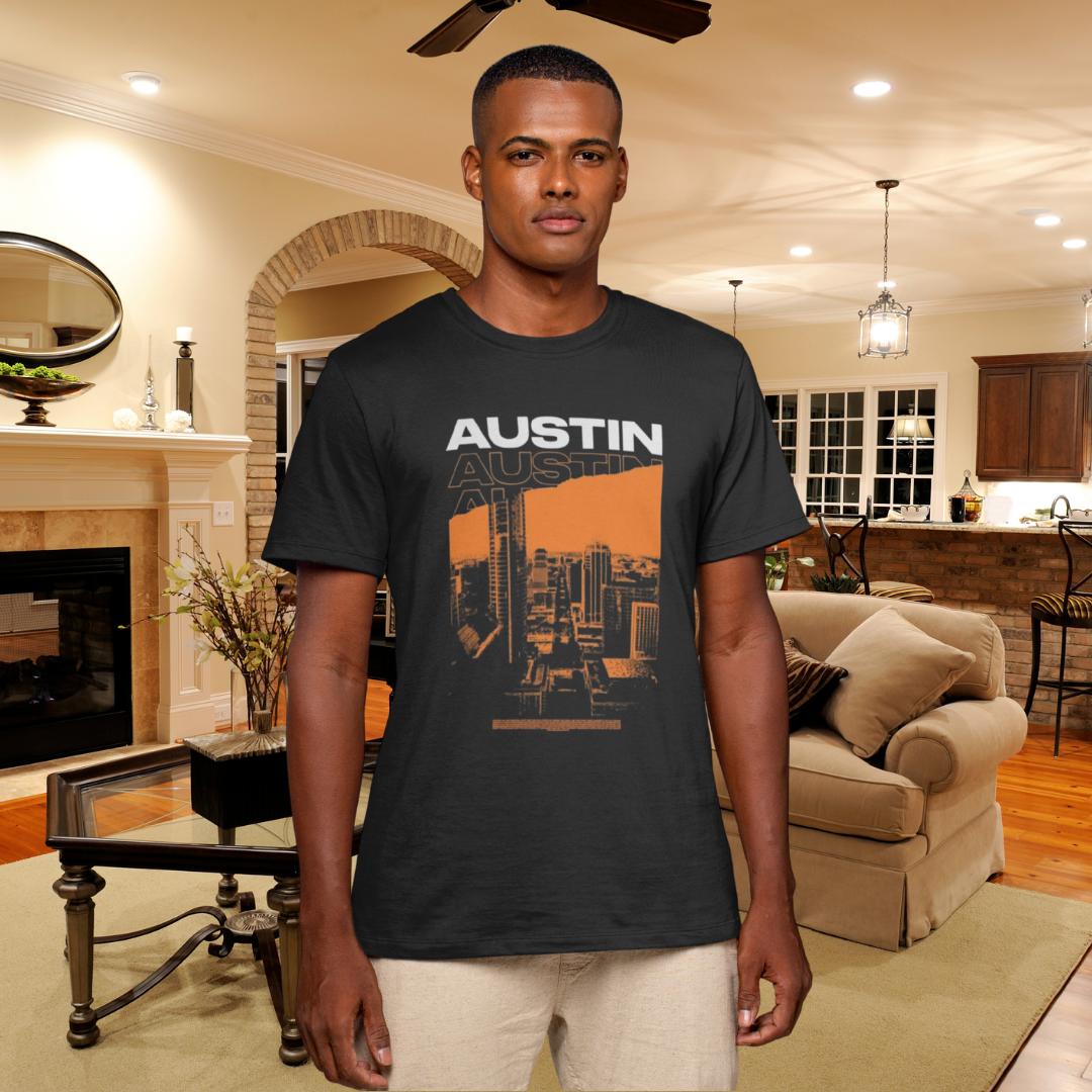 Austin Cityscape – Orange Edition Classic Tee by ShirtyAgents, product mockup