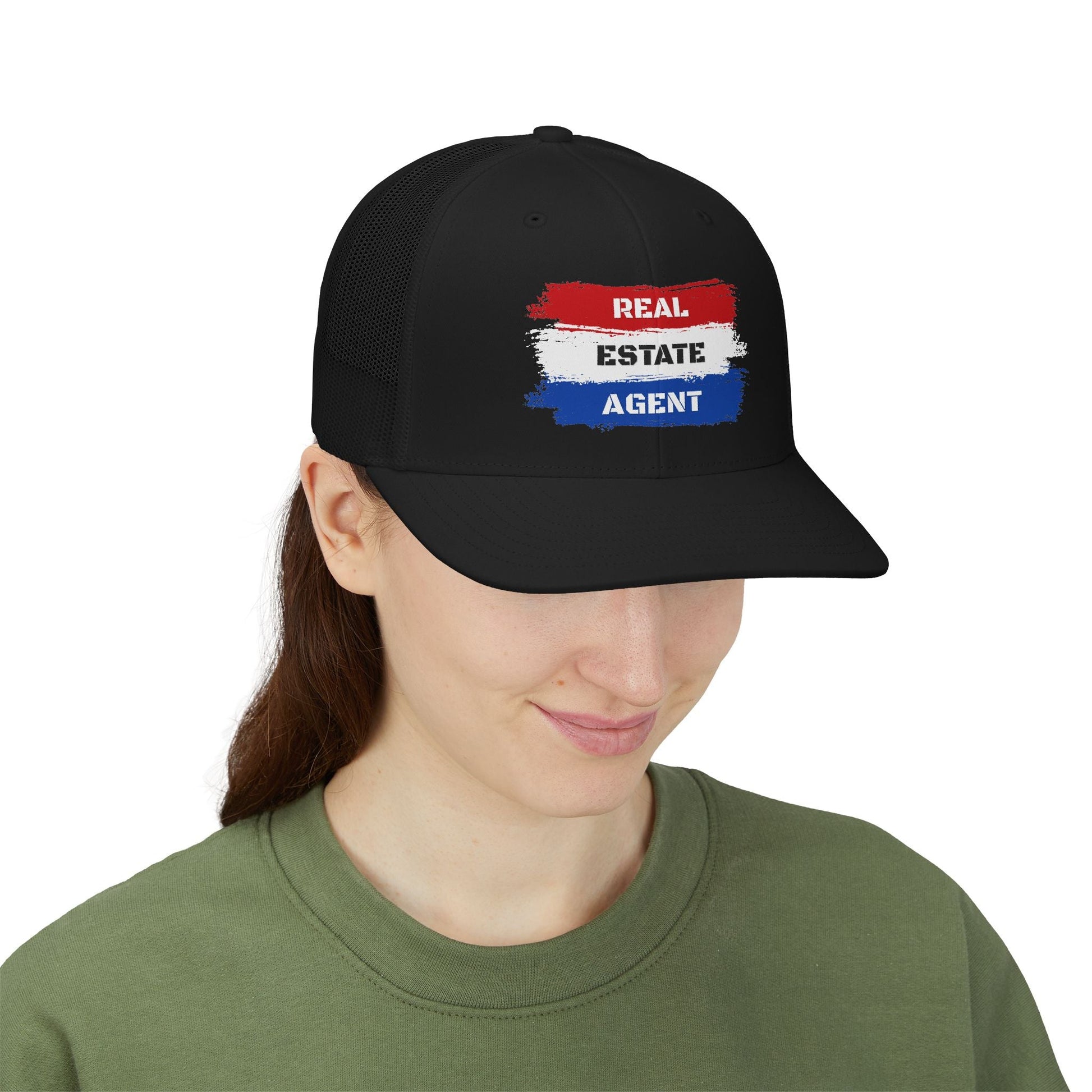 Red White Blue Stripes Real Estate Agent | White Trucker Cap - Hats | ShirtyAgents